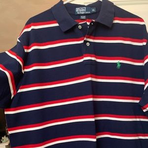 Red white and navy blue stripped polo shirt